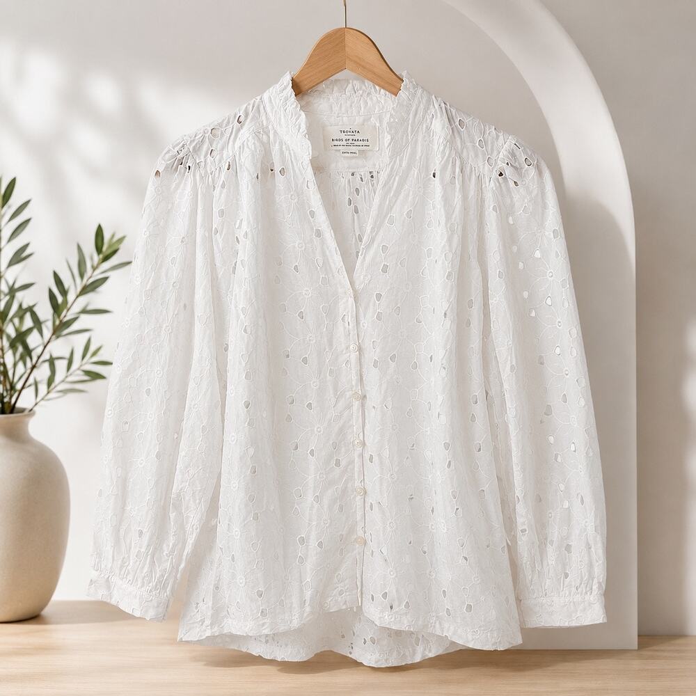 White Eyelet V-Neck Button Blouse